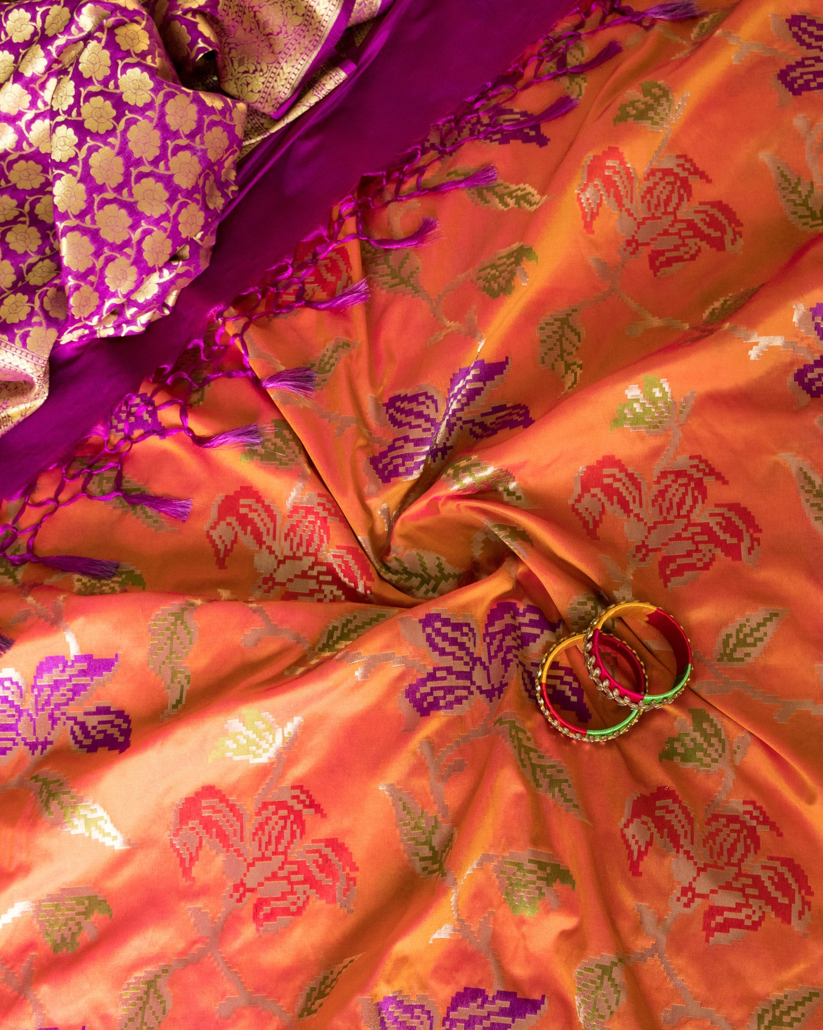 Katan Silk Meenakari Fabric - Rustic Orange with Colorful Flowers