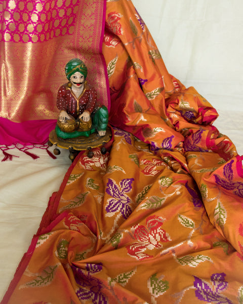 Katan Silk Meenakari Fabric - Rustic Orange with Colorful Flowers
