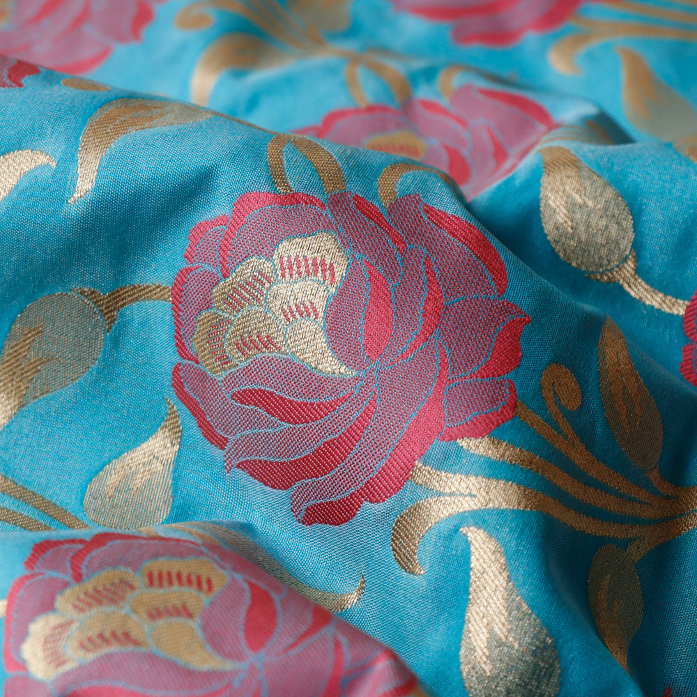 Katan Brocade Silk Fabric - Sky Blue with Pink flowers