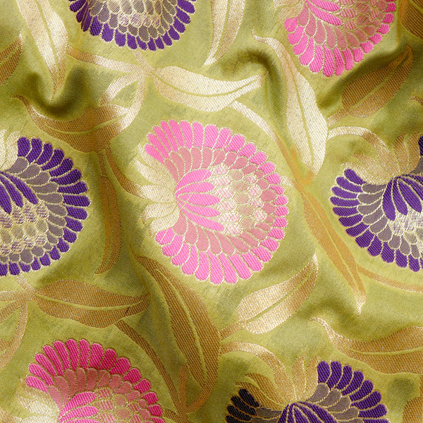 Katan Brocade Silk Fabric - Lime Green with Meenakari Highlights