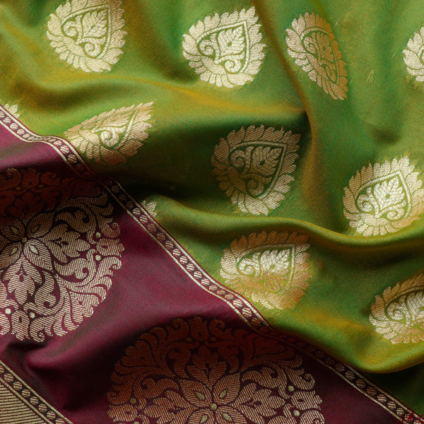 Katan Brocade Silk Fabric - Parrot Green with Wine Border