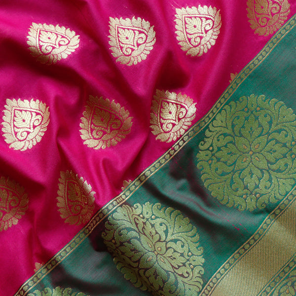 Katan Brocade Silk Fabric - Magenta with Bottle Green Border