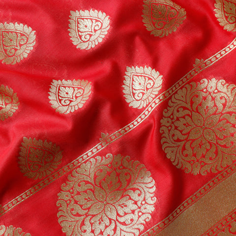 Katan Brocade Silk Fabric - Carrot Red