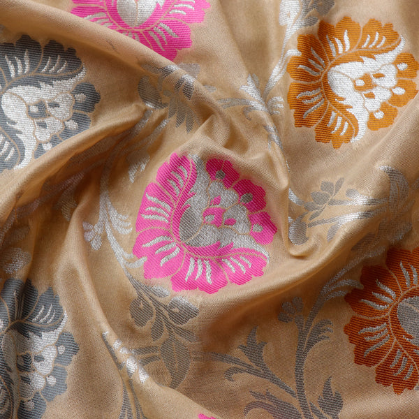 Katan Brocade Silk Fabric - Camel with Multi-colored Flowers
