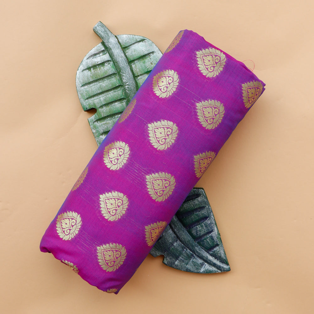 Katan Brocade Silk Fabric - Purple with Hot Pink Border