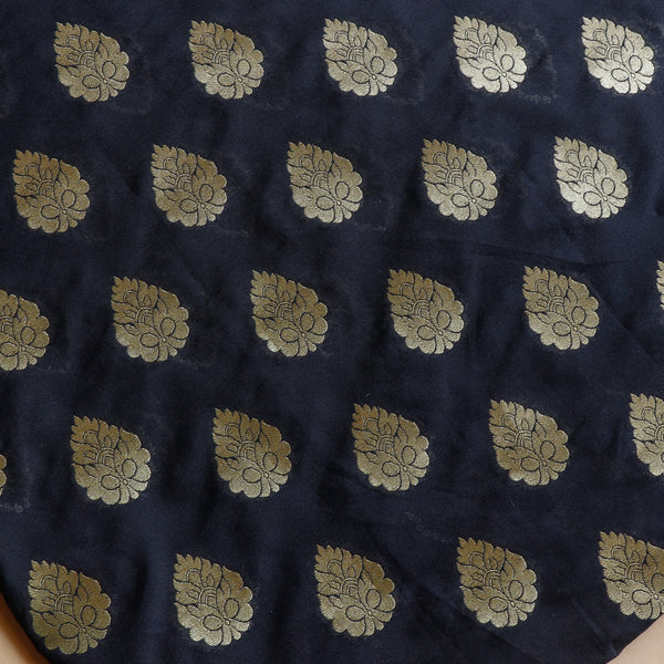 Katan Brocade Silk Fabric - Black with Magenta Border