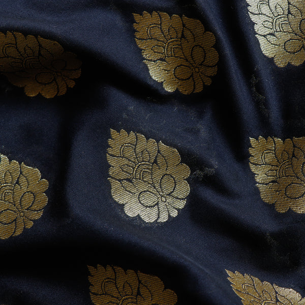 Katan Brocade Silk Fabric - Black with Magenta Border