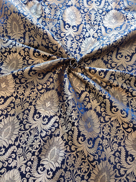 Satin Brocade Silk Fabric - Navy Blue